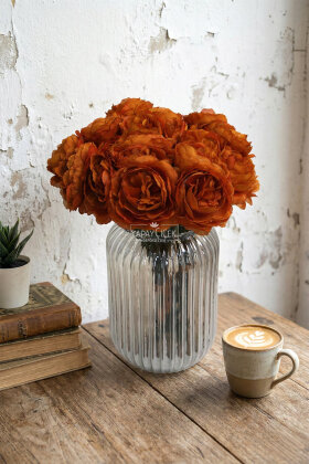 Yapay Çiçek 7li Çay Gülü Demeti 30 cm Kiremit - Yapay Çiçek Deposu