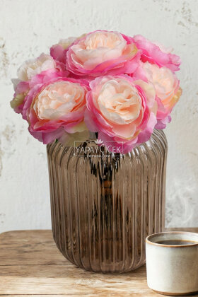 Yapay Çiçek 7li Çay Gülü Demeti 30 cm Pembe-Somon - 2