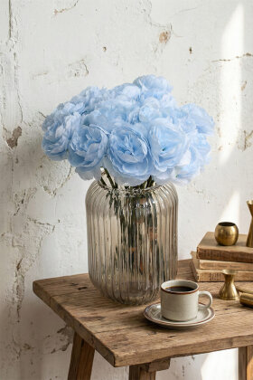 Yapay Çiçek 7li Çay Gülü Demeti 30 cm Pastel Mavi - Yapay Çiçek Deposu