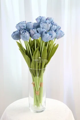Yapay Çiçek 7li Lüx Kuru Model Lale Demeti 40 cm Mavi - 1