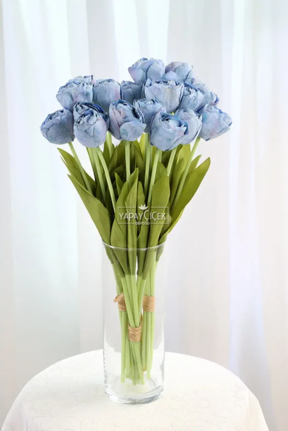 Yapay Çiçek 7li Lüx Kuru Model Lale Demeti 40 cm Mavi - Yapay Çiçek Deposu