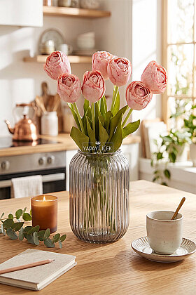 Yapay Çiçek 7li Lüx Kuru Model Lale Demeti 40 cm Somon-Pembe - 2
