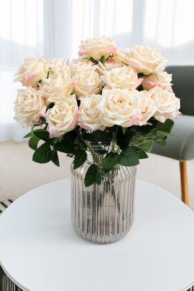 Yapay Çiçek 9'lu Bağdat Gülü Demeti 42 cm Krem-Pembe - Yapay Çiçek Deposu