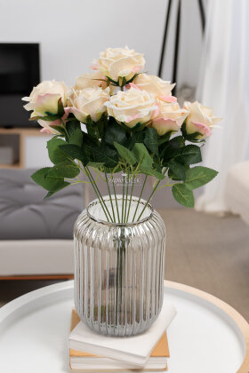 Yapay Çiçek 9'lu Bağdat Gülü Demeti 42 cm Krem-Pembe - 2