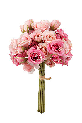 Yapay Çiçek 9'lu Katmerli Çardak Gülü Demeti 30 cm Fuşya-Pudra Pembe - 3