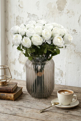 Yapay Çiçek 9'lu Kibar Lüx Gonca Gül Dalı Demeti 35 cm Beyaz - Yapay Çiçek Deposu