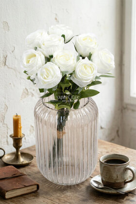 Yapay Çiçek 9'lu Kibar Lüx Gonca Gül Dalı Demeti 35 cm Beyaz - 2