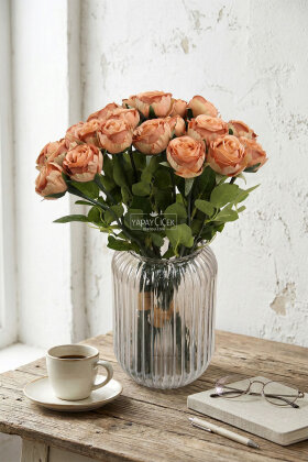 Yapay Çiçek 9'lu Kibar Lüx Gonca Gül Dalı Demeti 35 cm Kahverengi - Yapay Çiçek Deposu