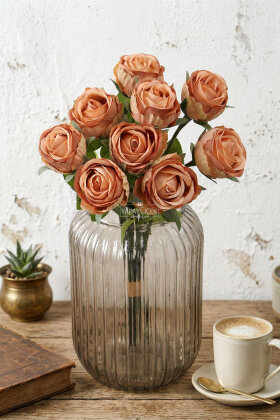 Yapay Çiçek 9'lu Kibar Lüx Gonca Gül Dalı Demeti 35 cm Kahverengi - 2