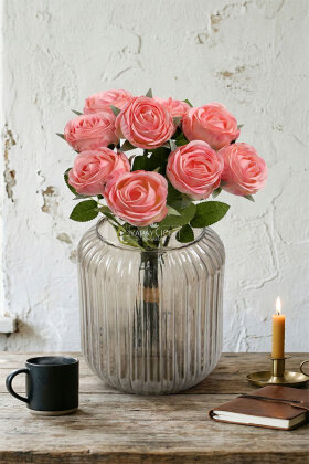 Yapay Çiçek 9'lu Kibar Lüx Gonca Gül Dalı Demeti 35 cm Pembe - 2