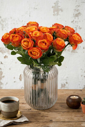 Yapay Çiçek 9'lu Kibar Lüx Gonca Gül Dalı Demeti 35 cm Turuncu - Yapay Çiçek Deposu