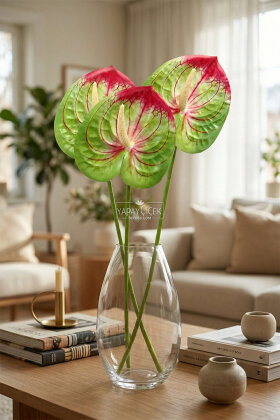 Yapay Islak Tekli Antoryum Dalı 60 cm Yeşil-Fuşya - Yapay Çiçek Deposu