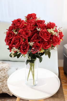 Yapay Çiçek Açmış 12li Gül Buketi Kırmızı - 1