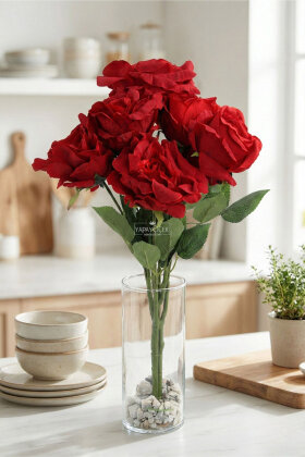 Yapay Çiçek 7 Dal Lüx İri Gül Demeti Kırmızı - Yapay Çiçek Deposu