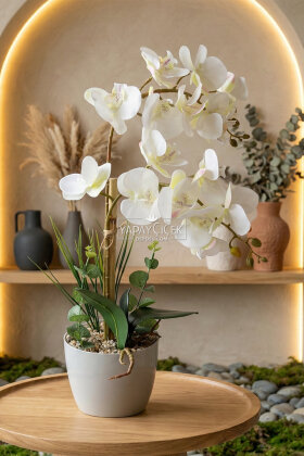 Yapay Çiçek Plastik Saksıda 2li Orkide Tanzim Beyaz 75 cm - 1