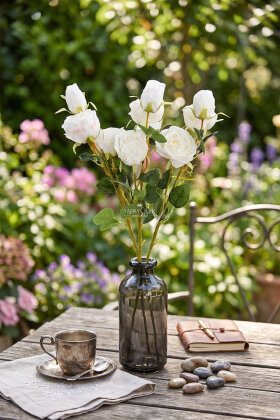 Yapay Çiçek 3 Çiçekli Narin Gül Dalı 60 cm Beyaz - Yapay Çiçek Deposu