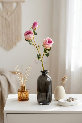 Yapay Çiçek 3 Çiçekli Narin Gül Dalı 60 cm Pembe-Mor - 2