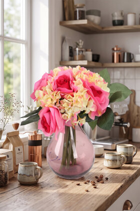 Yapay Çiçek Ortancalı Gül Buketi Pembe-Somon - Yapay Çiçek Deposu