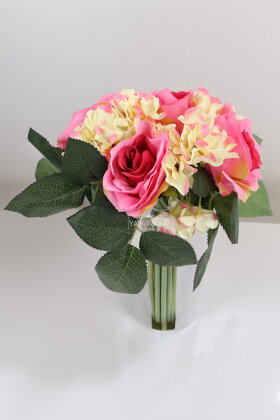 Yapay Çiçek Ortancalı Gül Buketi Pembe-Somon - 2