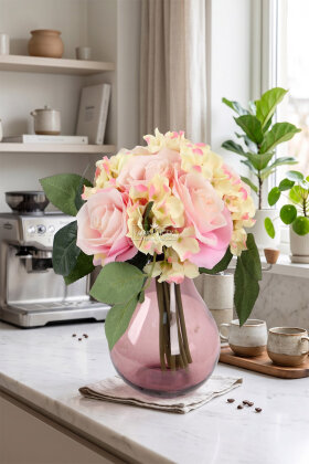 Yapay Çiçek Ortancalı Gül Buketi Pudra-Somon - Yapay Çiçek Deposu