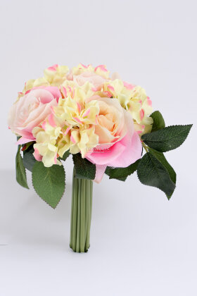 Yapay Çiçek Ortancalı Gül Buketi Pudra-Somon - 2
