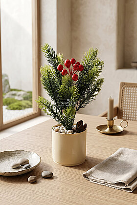 Yapay Çiçek Sakin Orman Minimalist Çam ve Kokina Tanzimi 30 cm Yeşil - 2