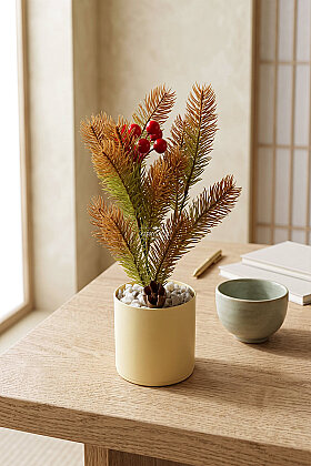 Yapay Çiçek Sakin Orman Minimalist Çam ve Kokina Tanzimi 30 cm Yeşil-Turuncu - 2