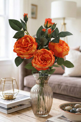 Yapay Çiçek Tomurlu Santa Gülü Dalı 75 cm Turuncu - Yapay Çiçek Deposu