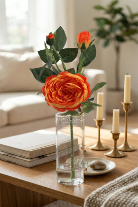 Yapay Çiçek Tomurlu Santa Gülü Dalı 75 cm Turuncu - 2