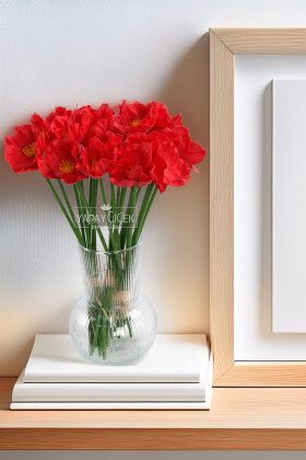 Yapay Çiçek 8’li Islak Dağ Gelinciği Demeti 33 cm Kırmızı - Yapay Çiçek Deposu