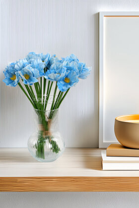 Yapay Çiçek 8 li Islak Dağ Gelinciği Demeti 33 cm Mavi - Yapay Çiçek Deposu