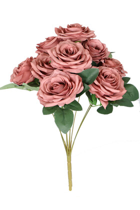 Yapay 9lu Lüx İri Gül Demeti Pastel Pembe - 1