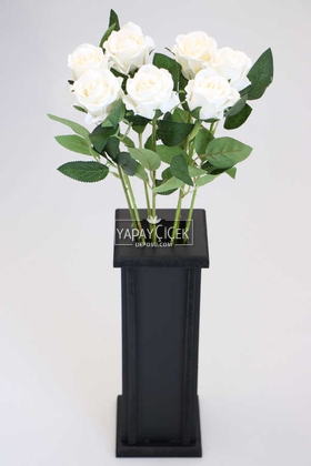 Ahşap Vazoda Yapay 7li Kadife Gül Dalı 50 cm Beyaz - 1