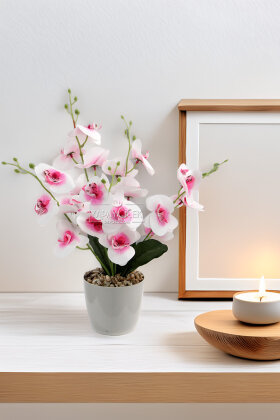 Yapay Saksıda 5 Dallı Islak Orkide Demeti 45 cm Beyaz - Pembe - Yapay Çiçek Deposu