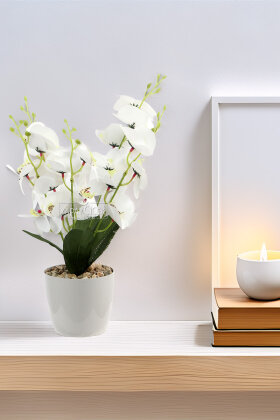 Yapay Saksıda 5 Dallı Islak Orkide Demeti 45 cm Beyaz - Yapay Çiçek Deposu