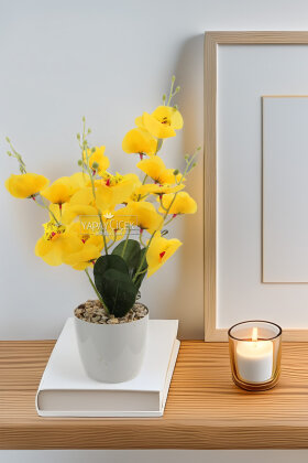 Yapay Saksıda 5 Dallı Islak Orkide Demeti 45 cm Sarı - Yapay Çiçek Deposu