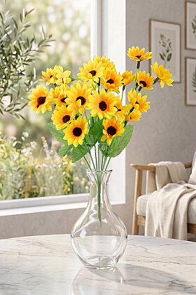 Yapay Çiçek 6 Dallı 22 Çiçekli Kır Esintisi Ayçiçeği Demeti 30 cm Sarı - 2