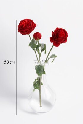 Yapay Çiçek 3lü Şakayık Ranunculus Dalı 50 cm Kırmızı - 3