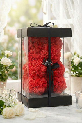 Yapay Çiçek Kutuda Kırmızı Güllü Endless Love Bear 30 Cm - Yapay Çiçek Deposu