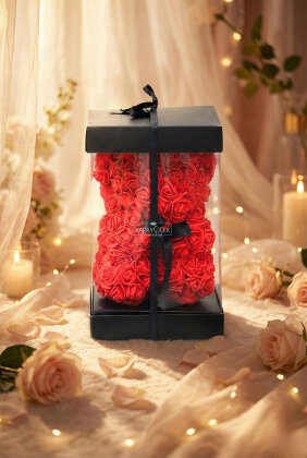 Yapay Çiçek Kutuda Kırmızı Güllü Endless Love Bear 30 Cm - 3