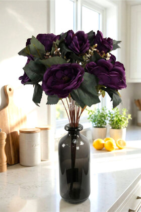 Yapay Lüks İri Kafa Gül Demeti 55 cm Mor - Yapay Çiçek Deposu