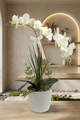 Melisande Kurdeleli 2 Dallı Yapay Islak Orkide Tanzimi Beyaz 60 cm - Yapay Çiçek Deposu