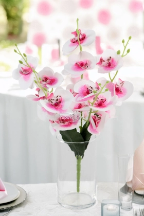 Yapay 5 Dallı Islak Dokulu Orkide Demeti 45 cm Pembe-Beyaz - Yapay Çiçek Deposu