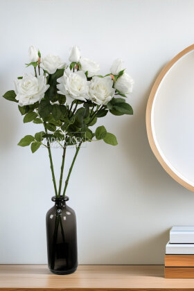 Yapay Premium 3lü Goncalı Gül Dalı 76 cm Beyaz - Yapay Çiçek Deposu