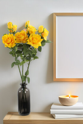 Yapay Premium 3lü Goncalı Gül Dalı 76 cm Sarı - Yapay Çiçek Deposu