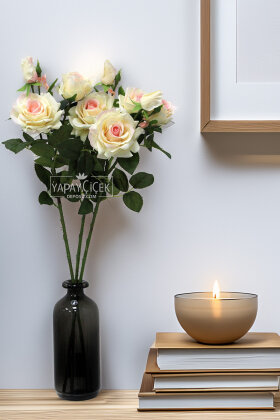 Yapay Premium 3lü Goncalı Gül Dalı 76 cm Somon - Yapay Çiçek Deposu