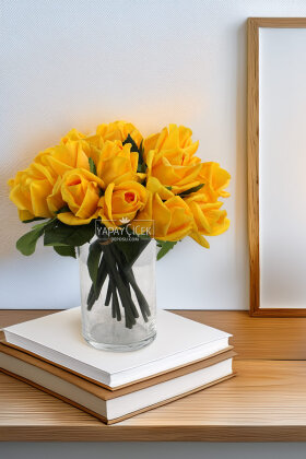 Yapay Premium 6lı Islak Gonca Gül Demeti 25 cm Sarı - Yapay Çiçek Deposu