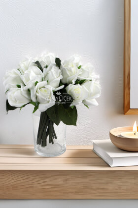 Yapay Premium 6lı Islak Gonca Gül Demeti 25 cm Beyaz - Yapay Çiçek Deposu