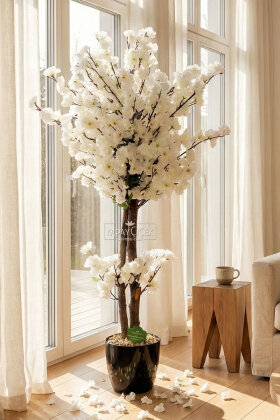  Saksıda Yapay 2 Gövdeli Bahar Dalı Ağacı 100 cm Beyaz - Yapay Çiçek Deposu