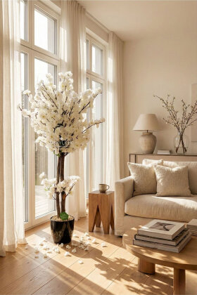  Saksıda Yapay 2 Gövdeli Bahar Dalı Ağacı 100 cm Beyaz - 2